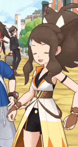 a girl in a white and orange dress is standing in a video game