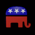 a red elephant with three white stars on a blue and white background
