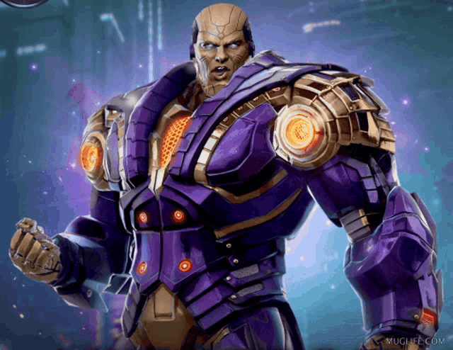 a man in a purple and gold armor stands in front of a muglife.com website
