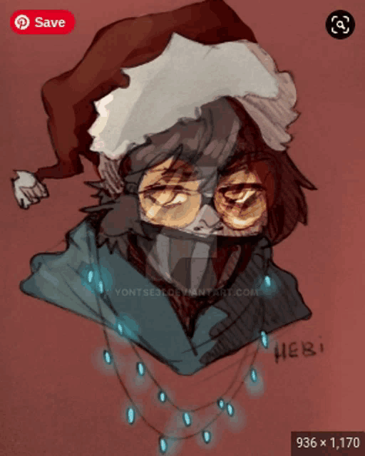 a drawing of a person wearing a santa hat and a necklace of lights