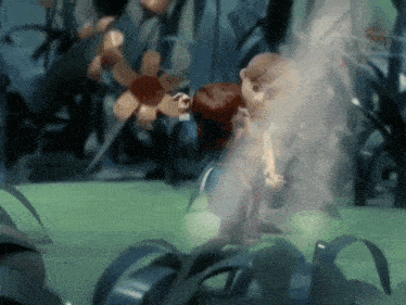a cartoon character is standing in a field with smoke coming out of his mouth