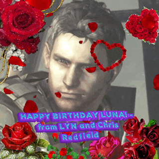 a picture of a man surrounded by red roses and hearts with the words happy birthday luna from lyn and chris radfield