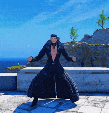 a man in a long black coat stands in front of a blue sky