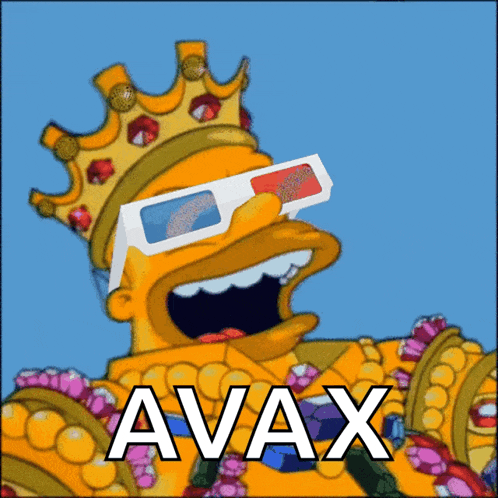 a cartoon of homer simpson wearing a crown and 3d glasses with avax written below him