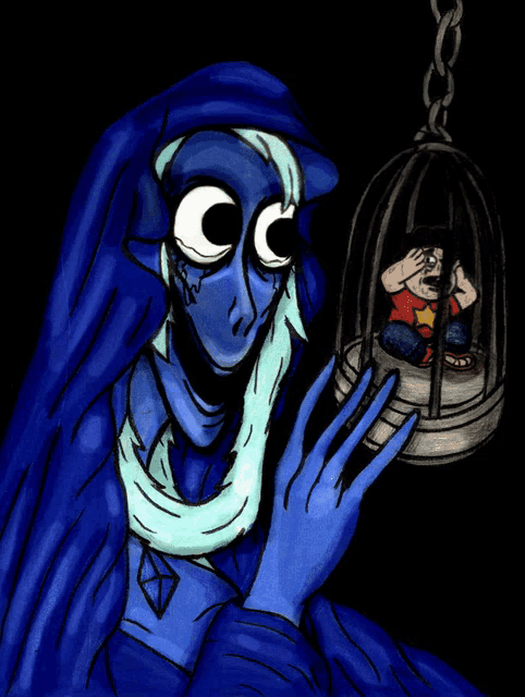 a cartoon drawing of a woman holding a bird cage with a man in it