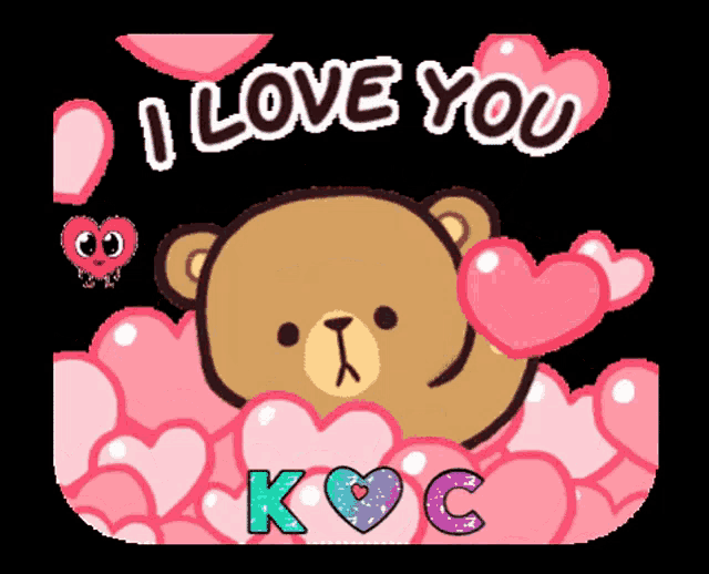 a teddy bear surrounded by pink hearts with the words i love you