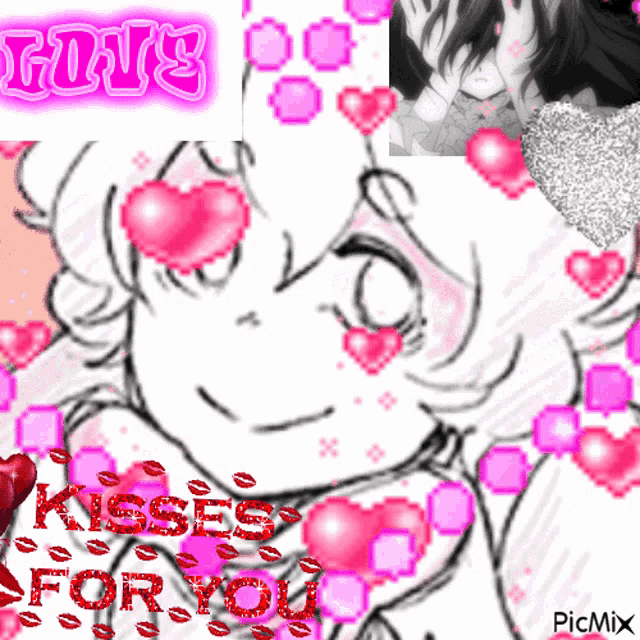 a drawing of a girl with hearts on her face and the words kisses for you