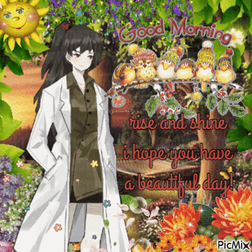 a good morning greeting card with a girl in a white coat