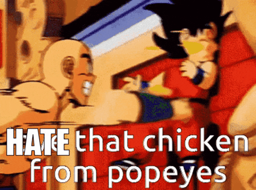 a picture of a cartoon character with the words hate that chicken from popeyes