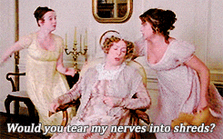 three women are standing around a woman in a chair with the words " would you tear my nerves into shreds " above her