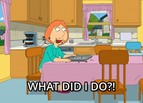 a cartoon of a woman sitting at a table with the words what did i do written below her