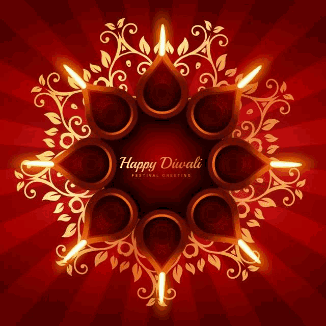 a happy diwali greeting card with candles in a circle on a red background