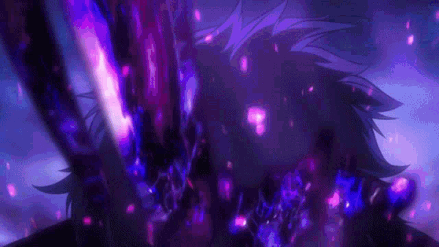 a close up of a person holding a sword in a dark room with purple lights coming out of their head .