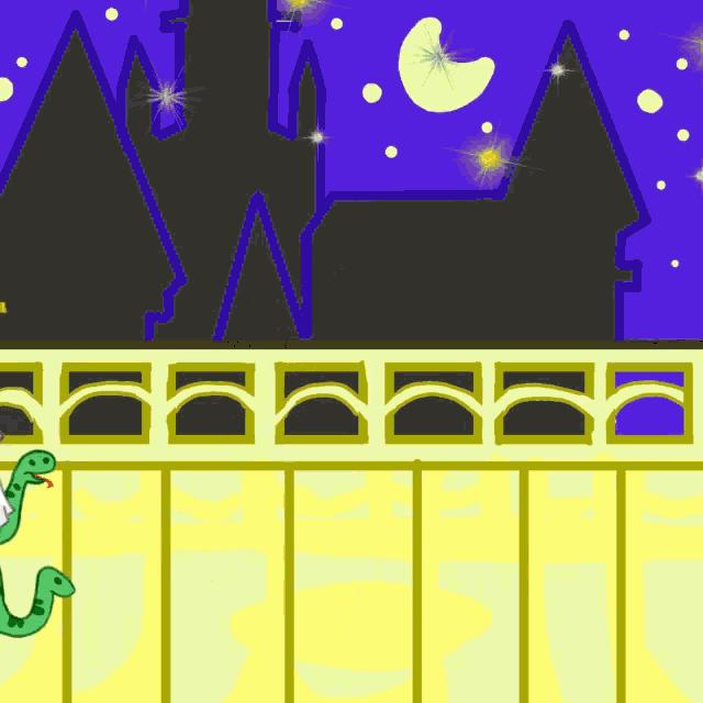 a drawing of a bridge with a castle in the background and a snake in the foreground