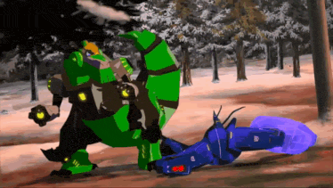 a cartoon drawing of a green robot standing next to a blue robot