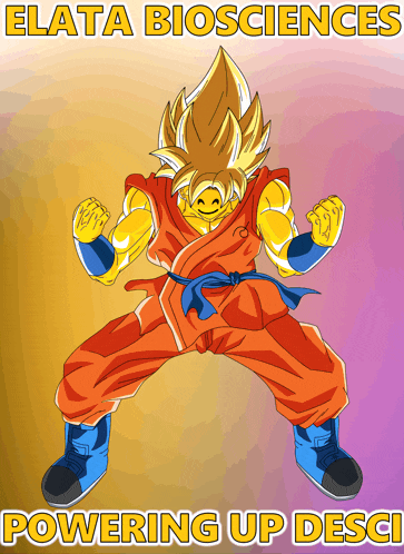 a poster of a cartoon character with the words elata biosciences powering up desci below him