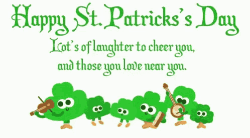 a happy st. patrick 's day greeting card with cartoon clovers