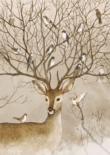 a painting of a deer with birds on its horns