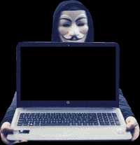 a person wearing a mask is holding a laptop with the word see on it