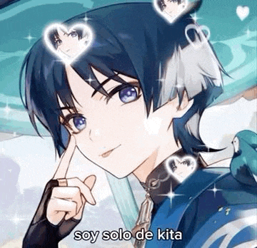 a boy with blue hair and hearts on his head is making a heart shape with his finger .