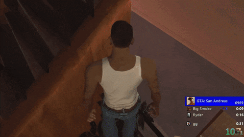a man in a white tank top is playing a video game called gta san andreas