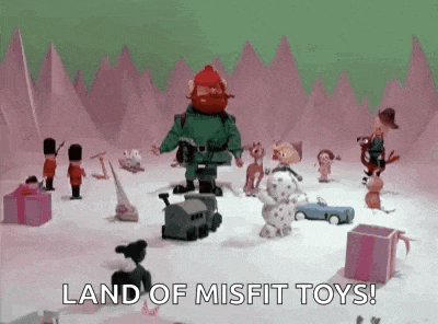 a cartoon of a man standing in the middle of a snowy field surrounded by toys and soldiers .