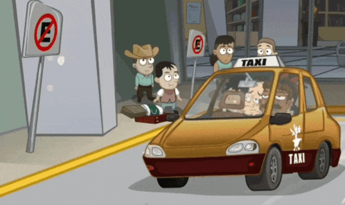 a cartoon drawing of a taxi driving down the road