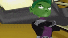 a cartoon character with green hair and a purple shirt is standing with his arms crossed and looking at the camera .