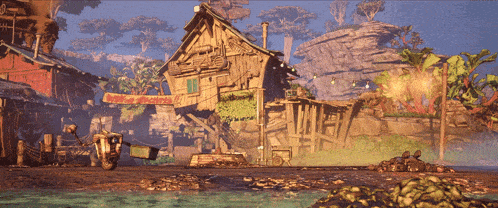 a video game scene with a shack in the middle