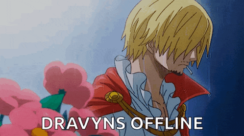 a cartoon of a man with the words " dravys offline " written below him
