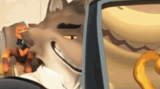 a close up of a cartoon character 's face looking out of a car window