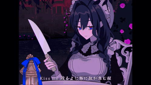 a cartoon of a maid holding a knife with the words " kiss me " written below her