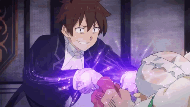 a man in a tuxedo is holding a purple object in his hands