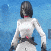 a woman wearing a white dress and a pink choker is standing in front of a blue background .