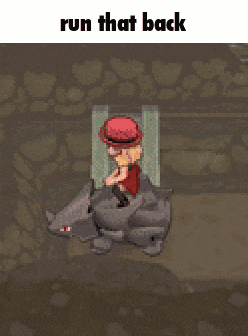 a pixel art of a person riding a shark with the words run that back below them .