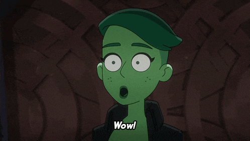 a green cartoon character says wow in a dark background