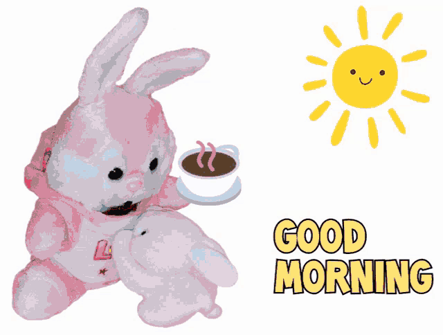 a stuffed bunny holding a cup of coffee with the words good morning written below it