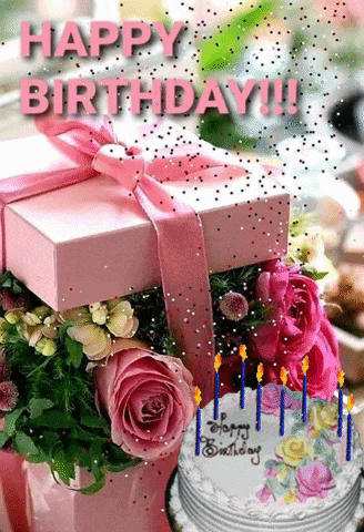 a happy birthday card with a cake and a gift