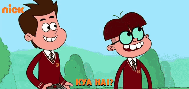 two cartoon characters are standing next to each other with the words kya hai written in orange