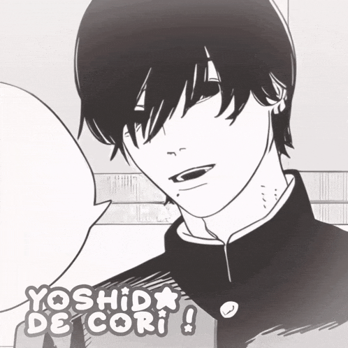a black and white drawing of a boy with the name yoshida de cori written on the bottom