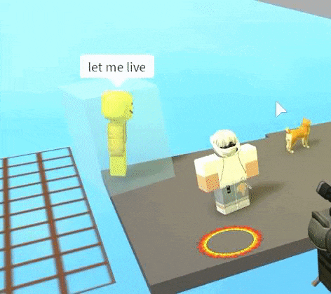 a video game character is standing next to a dog and a fire ring