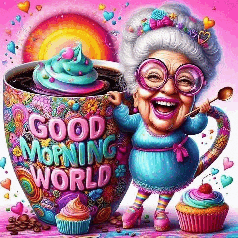 an elderly woman is standing next to a cup of coffee and cupcakes .
