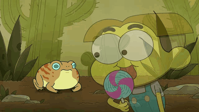 a cartoon character holding a lollipop next to a frog with big eyes
