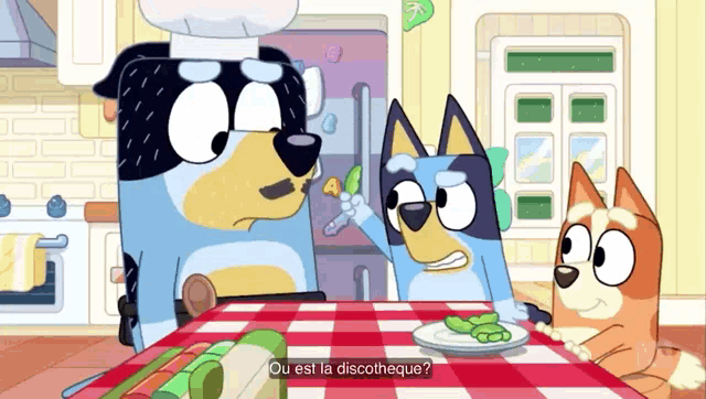 a cartoon of three dogs sitting at a table with the words ou est la discotheque in the upper right corner