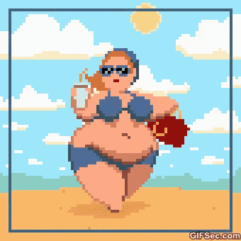 a pixel art of a woman in a bikini holding a bucket and a drink