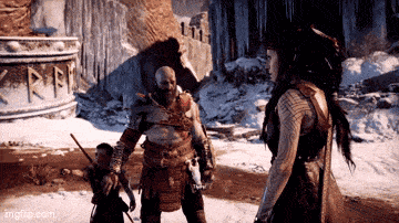 a video game scene shows a man and a woman standing next to each other in the snow