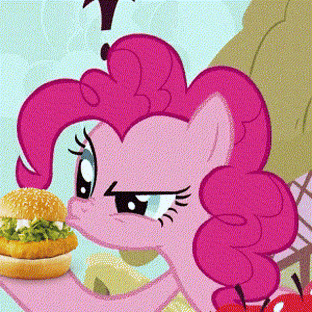 pinkie pie from my little pony is eating a hamburger