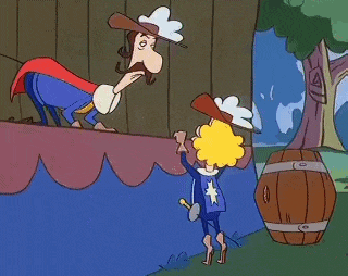 a cartoon of a man and a girl standing next to each other