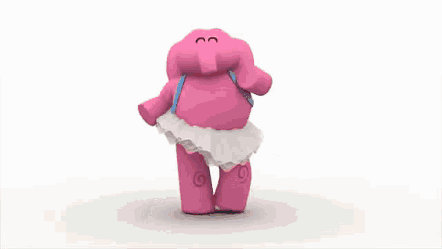 a pink cartoon character wearing sunglasses and a blue collar is standing in front of a white background .