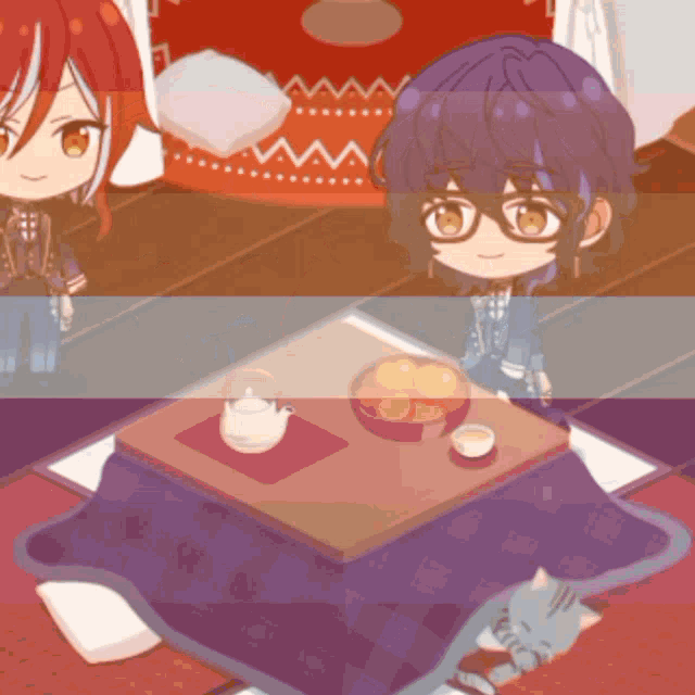 a cartoon girl with glasses sits at a table with a bowl of oranges on it